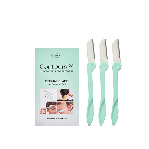 Contours Rx Derma Blades - Facial Razor & Dermaplaning Tool for Peach Fuzz, Bikini Line, Eyebrows, Arms and Neck - Portable Stainless Steel Face Razors with Foldable Handle (3pk)