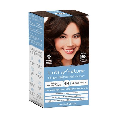Tints of Nature 4N Natural Medium Brown Permanent Hair Dye, Nourishes Hair and Covers Greys, Ammonia-Free, 130ml