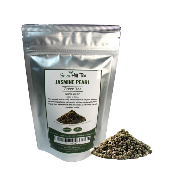 Pearl Jasmine Tea, Delicately-processed dragon pearl tea that is made from tender buds and tea leaves (Pearl Jasmine Green Tea 4 OZ)