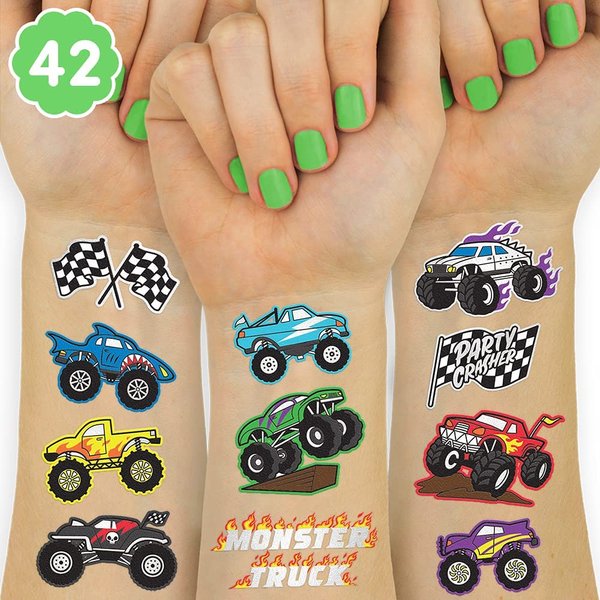 xo, Fetti Monster Truck Party Supplies Temporary Tattoos - 42 Metallic Styles | Trucks, Big Cars, Finish Lines + Flames