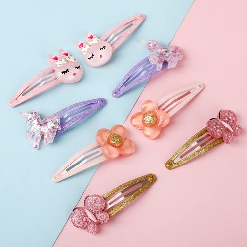 8 Pcs Rabbit Snap Hair Clips No Slip Metal Butterfly Hair Clips Little Girls Toddlers Kids Flower Hair Clips Assorted Colorful Unicorn Hair Pins for Birthday Party Supplies (C)