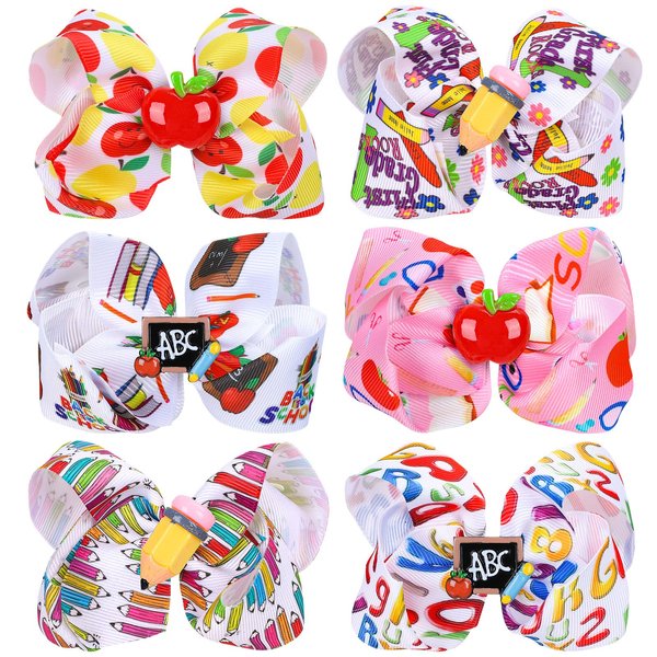 Whaline 6Pcs Back to School Bow Hair Clips Apple Blackboard Pencil Hair Bow Barrette Colorful Grosgrain Hairgrips Alligator Clips for First Day of School Kindergarten Students Hair Accessories