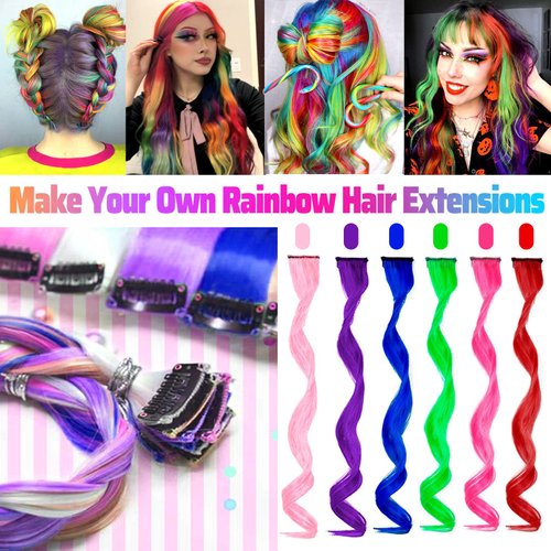 22 PCS Colored Hair Extensions Clip in, Curly Wavy Colorful Extension for Kids Girls - Party Highlights Synthetic Hairpiece 17 inch