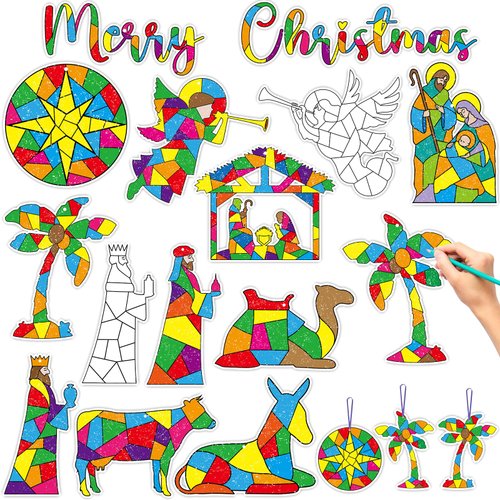 gisgfim Christmas Nativity Coloring Crafts for Kids Christian Religious DIY Craft Set Jesus Birth Nativity Scene Make Your Own Xmas Tree Craft Ornaments Sunday School Classroom Decor Church Activities