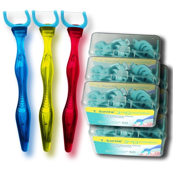 T.Smile Evolutionary Clean Dental Flossers, Kit of Refills Plus Mid-Length Handle (3 Handles + 300 Refills)