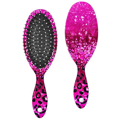 WIRESTER Detangle Hair Brush For All Hair Types, Comb Hair Brush for Girls Women Suitable for Wet and Dry Hair - Pink Glitter Sparkle Black Pink Glitter Leopard