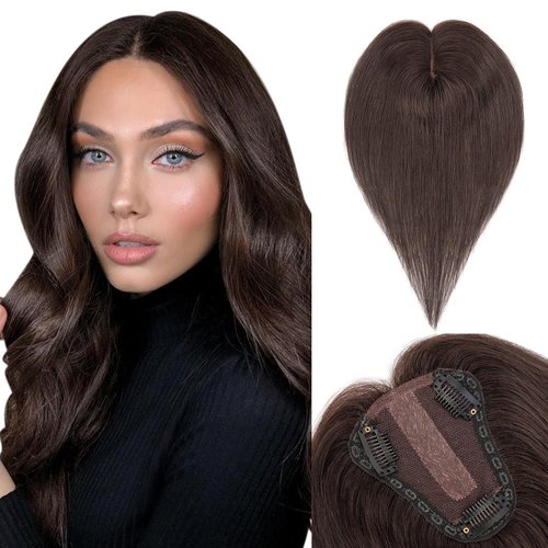 Benehair Hair Toppers for Women Real Human Hair 100% Remy Human Hair Pieces for Women with Thinning Hair 8 * 10cm Lace Silk Base 10 Inch 30g Clip in Hair Extensions Dark Brown