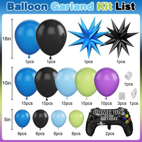 Video Game Balloon Arch Garland Kit, Blue Purple Green Black Party Balloons with 2Pcs Game Handle Foil Balloons for Video Game Theme Birthday Party Boys Gamer Night Decor
