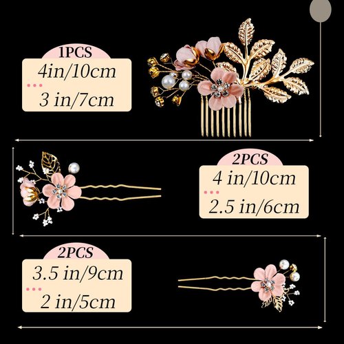 5PCS Bridal Flower Wedding Hair Pins Pink Pearl Hair Pins Rhinestone Hair Clips Gold Leaf Flower Headpiece Jewelry Hair Pins Vintage Wedding Hair Accessories for Brides Bridesmaids Women Girls Updo