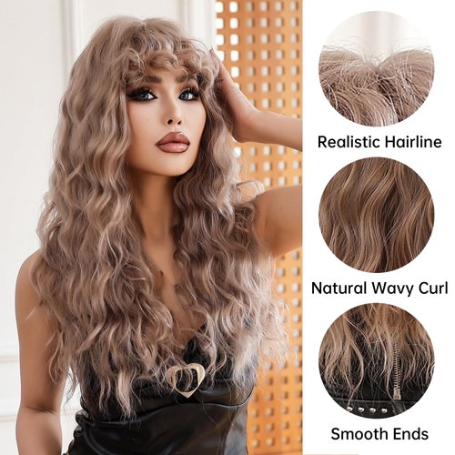 Allbell Long Brown Blonde Wigs for Women,Body Wave Wigs,Wig with Bangs, Synthetic Wig,Heat Resistant Wigs with Highlights for Daily Use Party