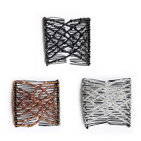 3 Pieces Magic Beaded Double Stretching Combs Beads Hair Combs Magic Elastic Hair Clips Elastic Beads Hair Clips Stretchy Hair Hairpins Double Slides Hair Combs(Black, White, Coffee)