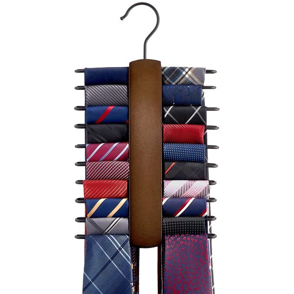 Mkono Wooden Tie Rack Retro Tie Belt Storage Hanger Organizer for Men Closet Space Saving Rack with 20 Non-Slip Hooks for Ties Belt Scarf Organize 360 Rotate Hanger Tie Display Holder, 1 Piece, Brown