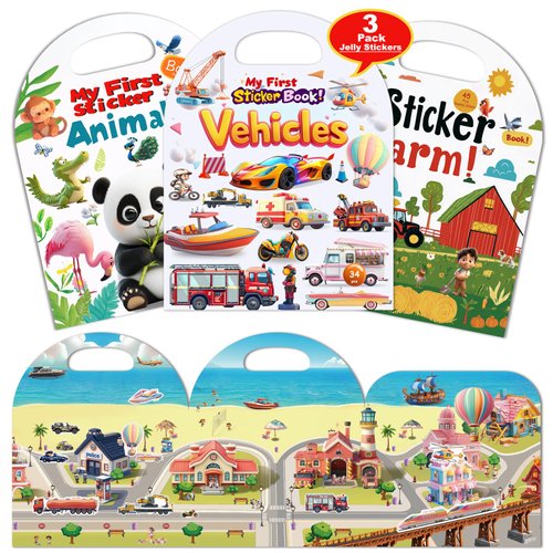 3-Pack Reusable Sticker Books for Toddlers 2-4 Years, Vehicles Truck, Animals & Farm Jelly Activity Stickers for Boys Girls Road Trip Airplane Train Travel Essentials Toy for Kids Birthday Gifts