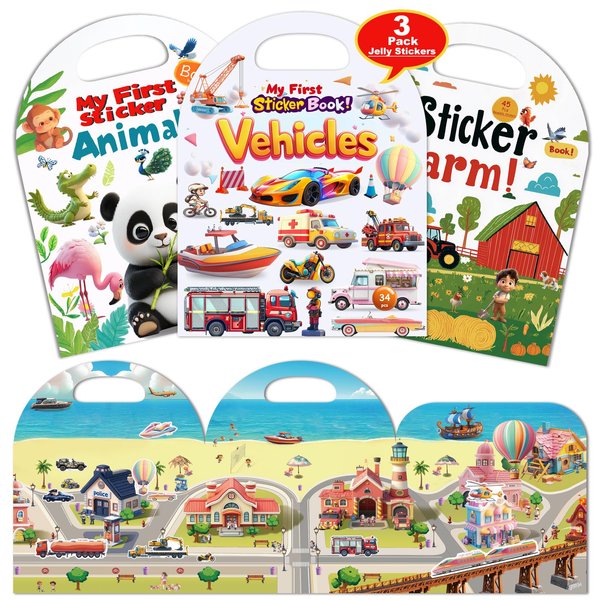 3-Pack Reusable Sticker Books for Toddlers 2-4 Years, Vehicles Truck, Animals & Farm Jelly Activity Stickers for Boys Girls Road Trip Airplane Train Travel Essentials Toy for Kids Birthday Gifts