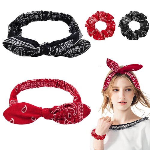 AEDOVE 4 Pcs Bandana Headbands for Women, Twist Knot Retro Print Headbands, Sports Hair Bands for Women's Hair, Soft Elastic Headbands, Simple Versatile Hair Accessory Headbands for Women (Red+Black)