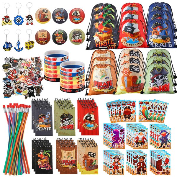 Cosblank 144 Pcs Pirate Party Favors Supplies Include 12 Drawstring Backpack 12 Silicone Bracelet 12 Badges 18 Coil Notebook 12 Keychains 66 DIY Stickers 12 Bendable Pencils for Goodie Bag Fillers