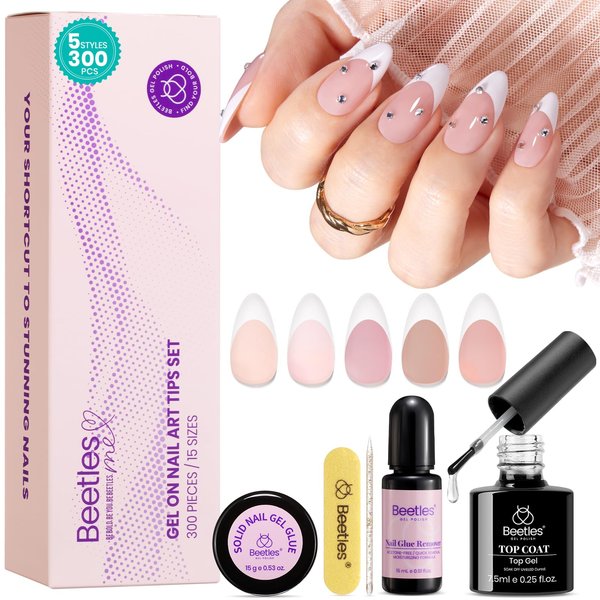 Beetles Pre-French Tips Press on Nails Kit, 300Pcs Gel Nail Tips Medium Almond in 5 Colors 15 Sizes Nude Pink with Top Coat & Lamp Cured Solid Nail Gel Glue and Gel Nail Remover Gift for Girls