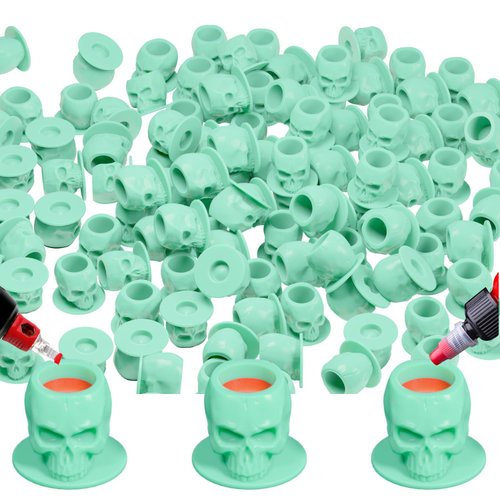 OZER Tattoo Ink Cups with Stable Base and 200pcs Tattoo Ink Cup Skull Disposable Silicone Tattoo Pigment Cup Cyan