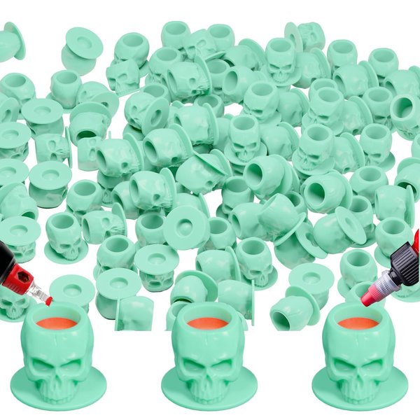 OZER Tattoo Ink Cups with Stable Base and 200pcs Tattoo Ink Cup Skull Disposable Silicone Tattoo Pigment Cup Cyan