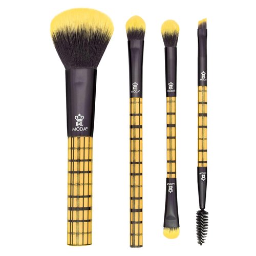 MODA Plaid Yellow Face Kit – 4pc Travel Size Makeup Brush Set with Stylish Plaid Handles – Vegan, Cruelty-Free