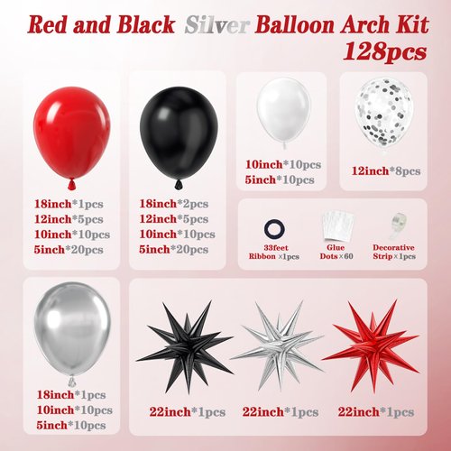 Red White and Black Balloon Garland Arch Kit, Red and Black Party Decorations with white Silver Balloons Confetti Latex Balloons for Graduation Decorations Prom Anniversary Birthday Party Decorations