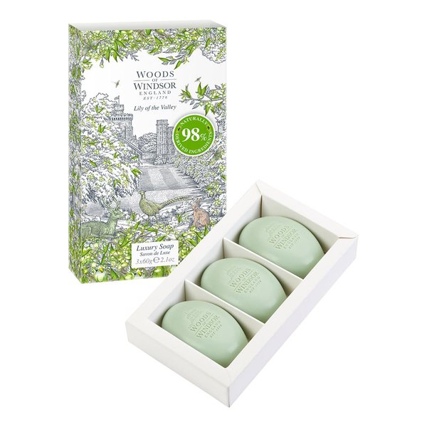 Woods of Windsor Lily Soap Bars, Moisturizing Shea Butter Soap Bar, Vegetable Based Fine Milled Soap with Notes of Geranium and Citrus, Hand and Body Soap, Lily of the Valley Scent 3 x 60g