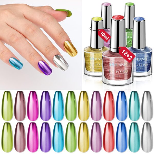 SAVILAND Chrome Nail Polish Set: 12 Colors Mirror Metallic Glitter Nail Polish 0.34oz Holographic Red Silver Pink Nail Polish Quick-Dry Base Top Polish Coat for Fingernail Toenail French Manicure Art