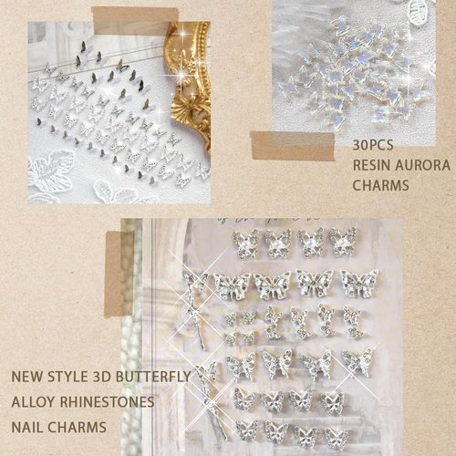 Butterfly Nail Charms, 110PCS 3D Silver Alloy Butterfly Nail Charms Rhinestones for Acrylic Nail Art, Dangling Butterflies Charms with Gems Crystals Diamonds, Nail Decor Supplies for Nails DIY