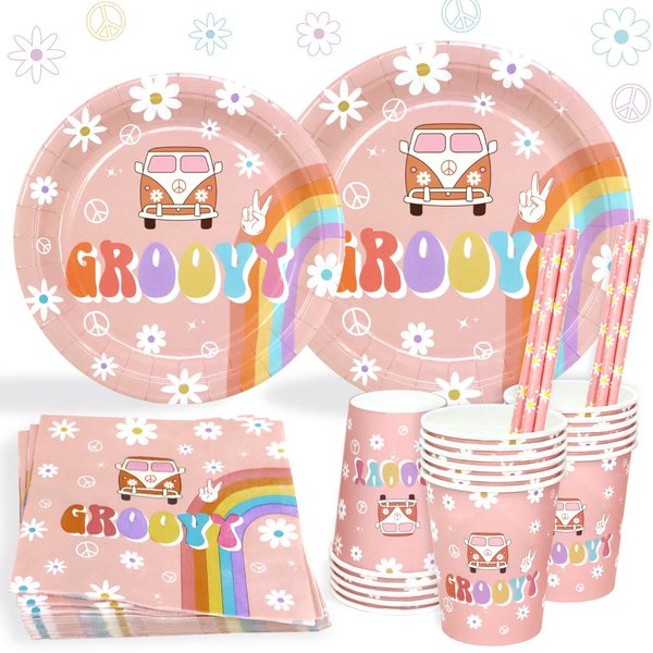 Lopeastar Groovy Birthday Party Decorations Plates Set for 25 Guests, 125Pcs Pastel Daisy Hippie Paper Plates Napkins Cups Straws Tableware for Girl Two Groovy One Groovy Party Supplies