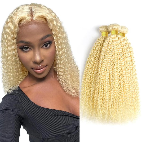 613 Human Hair Bundles Blonde Kinky Curly Human Hair Bundles Brazilian Virgin Remy Hair Extensions Double Weft Double Weft Blonde Human Hair Bundles 613 Kinky Curly Bundles 16 16 16 inch
