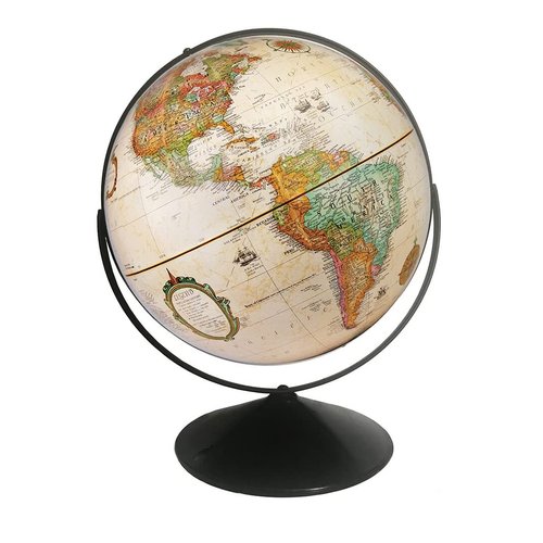 Replogle Eureka 16 inch desktop globe with up to date antique raised relief map and full swing gyromatic assembly. The beautiful antique color globe ball and vast amount of up-to-date information will peak the interest of any geographical connoisseur of a