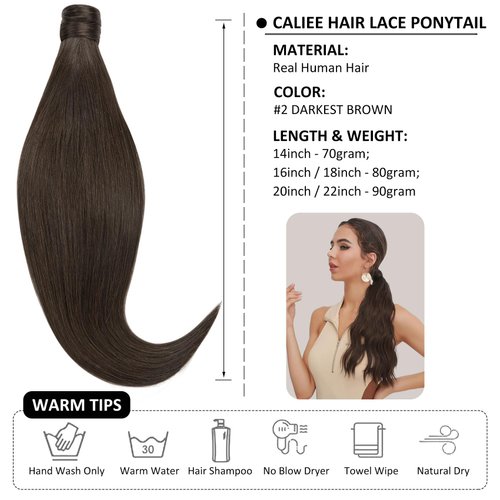 Caliee Ponytail Hair Extension for Women Remy Human Hair Dark Brown Ponytail 22 Inch 90G Ponytail Extension Human Hair Wrap Around Ponytail with Magic Paste Long Pony Tail Hairpiece