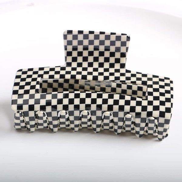 Checkered Hair Claw Clips, Pack of 1, Vintage Cellulose Acetate Banana Clips, Nonslip Banana Hair Clamp for Women Girls (Black/Beige, L)