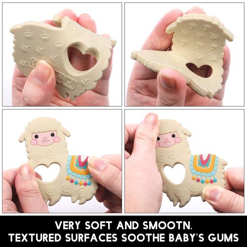 Baby Food Grade Silicone Teether Toy with Pacifier Clip Holder,Teething Pain Relief Toys Gift Set for 3 Months+ Boys and Girls,Freezer Safe,BPA Free (Yellow Llama)