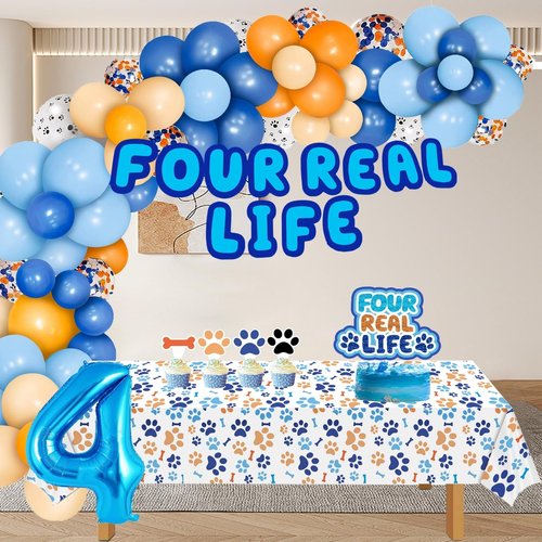 Blue Dog 4th Birthday Decorations Boy,Blue Four Real Life 4 Year Birthday Boy,Blue Dog Birthday Party Supplies