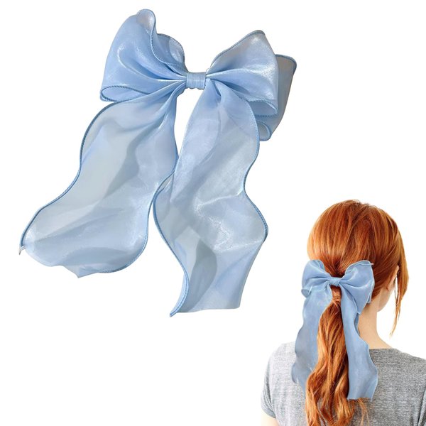 Elegant Blue Satin Hair Bow for Women - Women Big Bow Barrettes - Stylish Bow Hairpin - Hair Bows For Women Girls - Bow Clips For Women - Hair Accessories for Girls, Bow Hair Clip with Long Tail