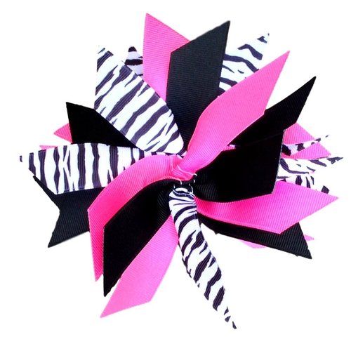 Victory Bows Spiky Pom Pom Zebra Grosgrain Hair Bow- The Sandra Zebra, Hot Pink and Black- Made in the USA Pony Tail Band ULT100PR