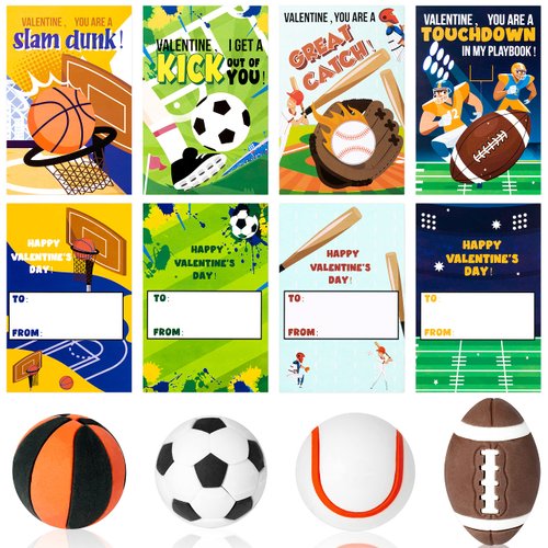 Yopyame 28 Pack Valentine's Day Sports Gift Cards with Erasers for Kids Funny Valentines Greeting Cards Mini Football Soccer Basketball Pencil Eraser School Classroom Prizes Exchange Gift Party Favors