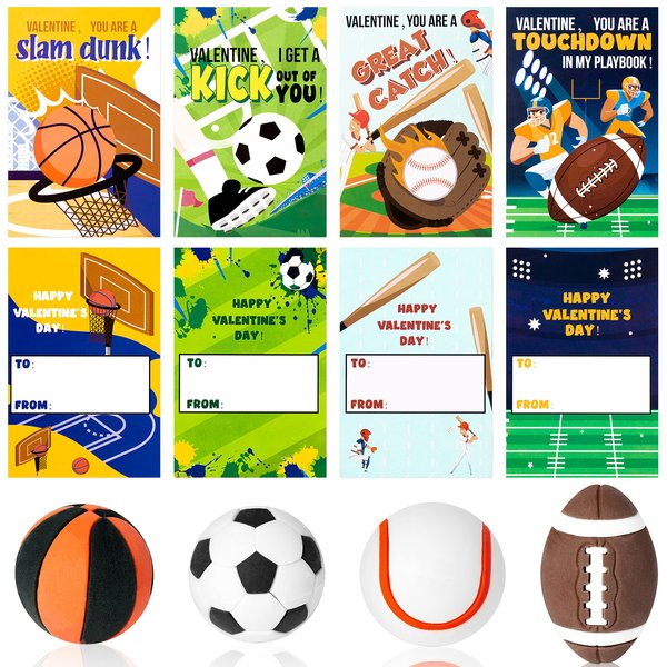 Yopyame 28 Pack Valentine's Day Sports Gift Cards with Erasers for Kids Funny Valentines Greeting Cards Mini Football Soccer Basketball Pencil Eraser School Classroom Prizes Exchange Gift Party Favors