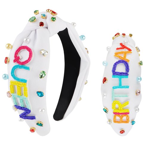 Canitor Birthday Queen Headband for Women Girls Gifts Colorful Beaded Knotted Headband for Women' Hair Rhinestone Top Knot Headband Crown Party Decorations (white)