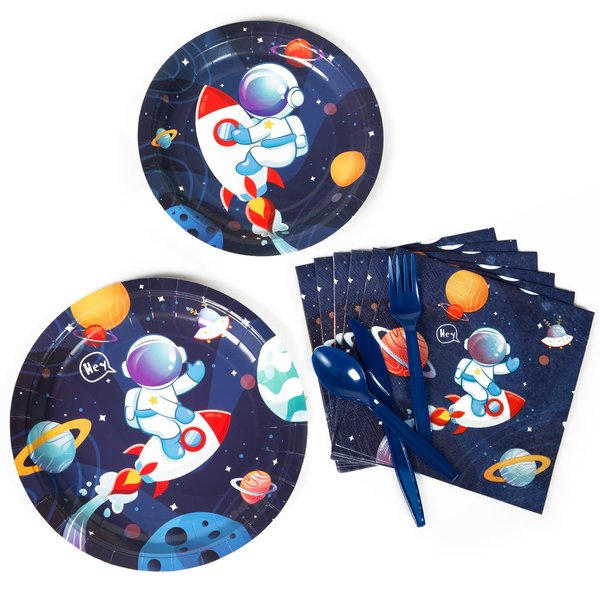 DECORLIFE Space Themed Party Supplies Serves 24, Space Birthday Decorations for Boys, Complete Pack Includes Astronaut Rocket Plates and Napkins, Forks, Total 96PCS