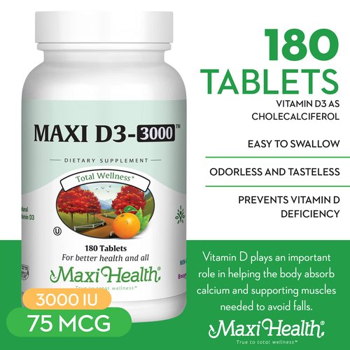 Maxi Health Kosher Vitamin D3 3000 IU (75 mcg) - Pure Vitamin D 3000 IU for Healthy Bones, Teeth, Immune Support - High Absorption Vit D3 (180 Tablets)