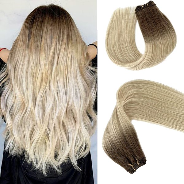 Sew in Hair Weft Human Hair Extensions Brown to Platinum Blonde Highlights Sew in Bundles Human Hair Vrigin Remy Real Human Hair 100g Hair Wefts Bundles 20 inch for White Women