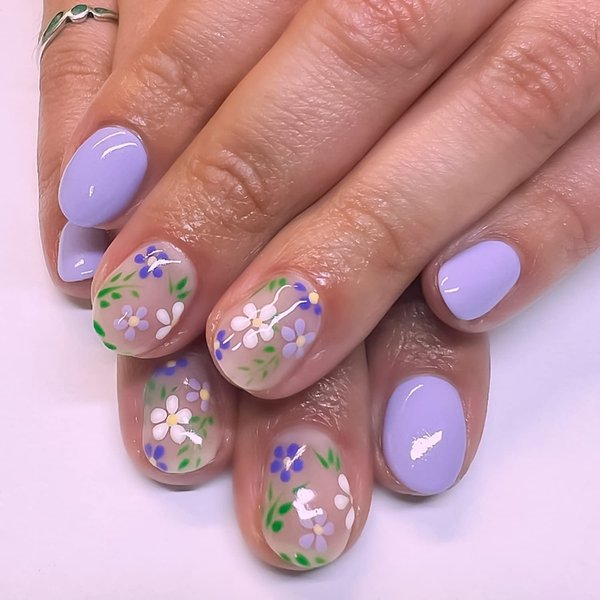 24 Pcs Summer Press on Nails Short Square Fake Nails Purple Acrylic Nails with Flower and Leaf Designs False Nails Glossy Artificial Stick on Nails for Women and Girls Nail Art Decorations