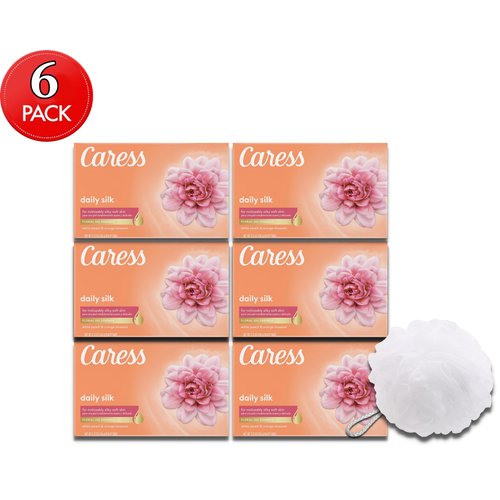 Caress Beauty Bar Soap Bundle with Bonus bath Sponge Loofah For Silky, Soft Skin Daily Silk With Silk Extract and Floral Oil Essence 3.75 oz (6)