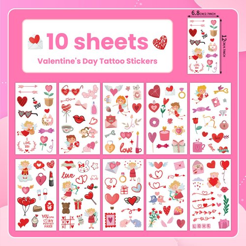 EMOME 10 Sheets Valentine's Day Tattoos for Kids, Kids Tattoos Temporary for Valentine's Party Supplies Favors Decorations, Heart Tattoo Stickers for Body Decorations