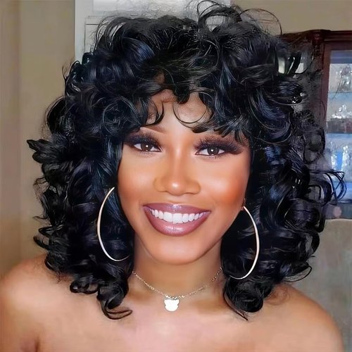 Sakula Short Curly Wigs for Black Women Human Hair Wigs for Black Women 180% Density Big Loose Wave Brazilian hair wigs Natural Wigs Half Wigs Soft Hair Black Wigs (#1B Natural Black 8 inch)