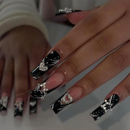 24 pcs Press on Nails Long Coffin French Black Fake Nails Glossy Acrylic False Nails with Metal Star & Heart Charms Designs Full Cover Glue on Nails for Women