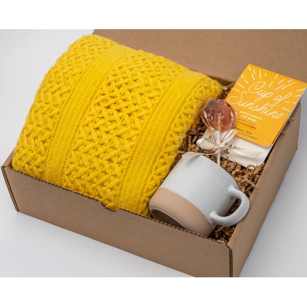Happy Hygge Gifts Sending Sunshine and Hugs Care Package with Cozy Blanket, Ceramic Mug, Tea, and Gourmet Honey Lollipop | Care Package for Her and Him, Get Well Soon, Encouragement Gift for Mom, Dad, Spouse, Friend or Anyone