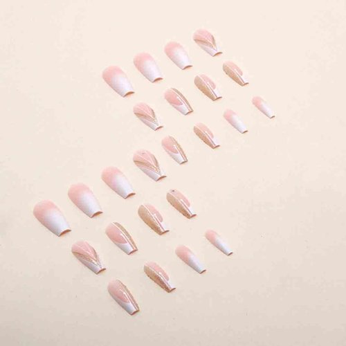 Enppode Pink Press on Nails Long Acrylic Nails Coffin Fake Nails with Glitter Full Cover Glossy Nails 24PCs